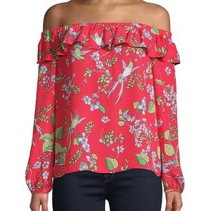 Nanette Lepore off shoulder long sleeve top with a bird and floral print